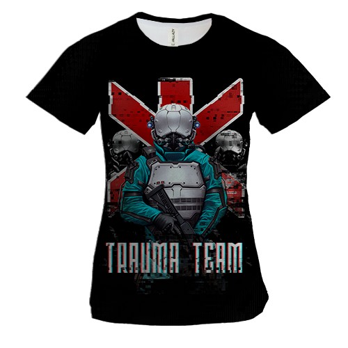 Женская 3D футболка Cyberpunk 2077 trauma team soldiers (вид спереди)