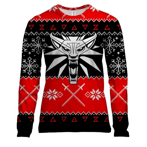 Женский 3D лонгслив Новогодний Ведьмак (вид спереди)