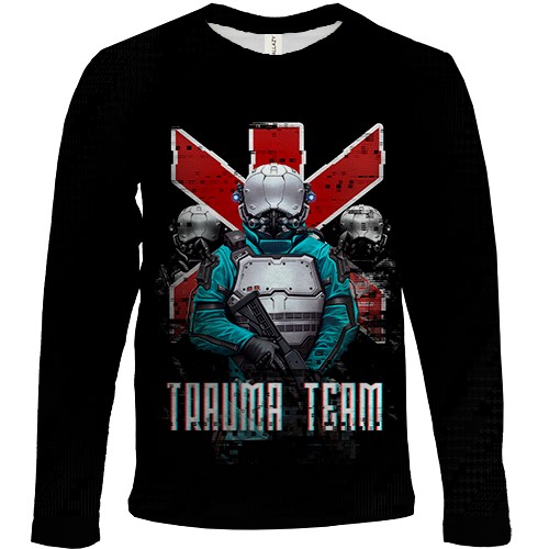 Детский 3D лонгслив Cyberpunk 2077 trauma team soldiers (вид спереди)