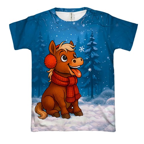 3D футболка Маленькая лошадка и снег (вид спереди)