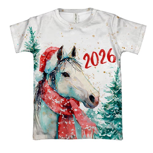 3D футболка Новорічна конячка у шапці Санти (вид спереду)