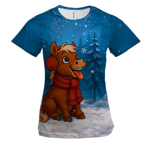 Женская 3D футболка Маленькая лошадка и снег (вид спереди)