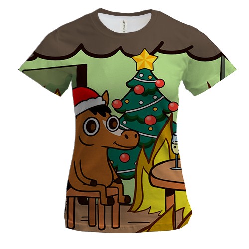 Женская 3D футболка Новогодняя лошадка - this is fine (вид спереди)