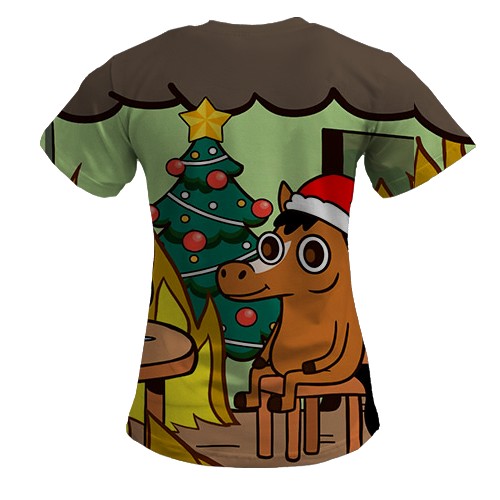 Женская 3D футболка Новогодняя лошадка - this is fine (вид сзади)