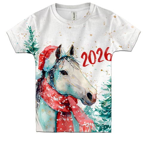 Детская 3D футболка Новогодняя лошадка в шапке Санты (вид спереди)