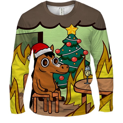 Мужской 3D лонгслив Новогодняя лошадка - this is fine (вид спереди)