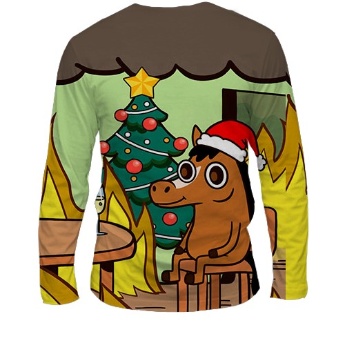 Мужской 3D лонгслив Новогодняя лошадка - this is fine (вид сзади)