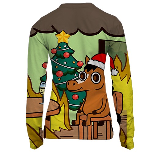 Женский 3D лонгслив Новогодняя лошадка - this is fine (вид сзади)