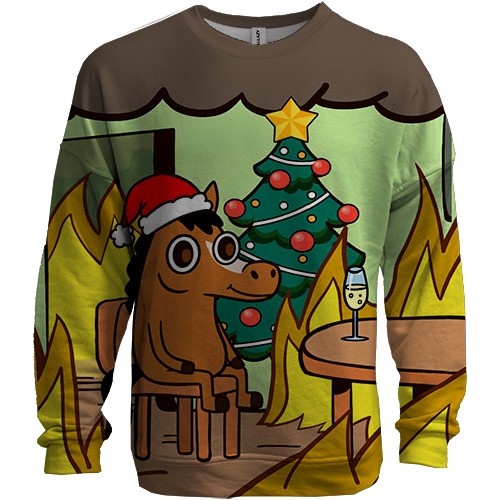 3D світшот Новорічна конячка - this is fine (вид спереду)