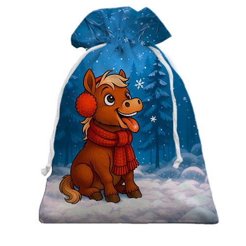 3D Подарунковий мішечок Маленька конячка та сніг (вид спереду)