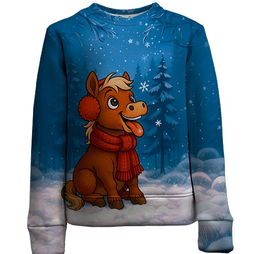 Детский 3D свитшот Маленькая лошадка и снег (вид спереди)