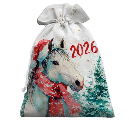 3D Подарочный мешочек Новогодняя лошадка в шапке Санты (вид спереди)