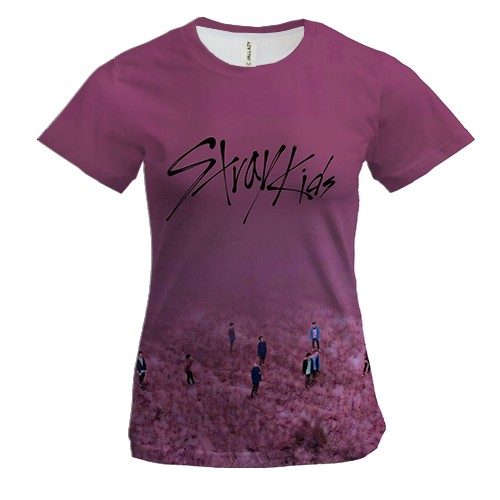 Жіноча 3D футболка Stray Kids (рожеве поле) (вид спереду)