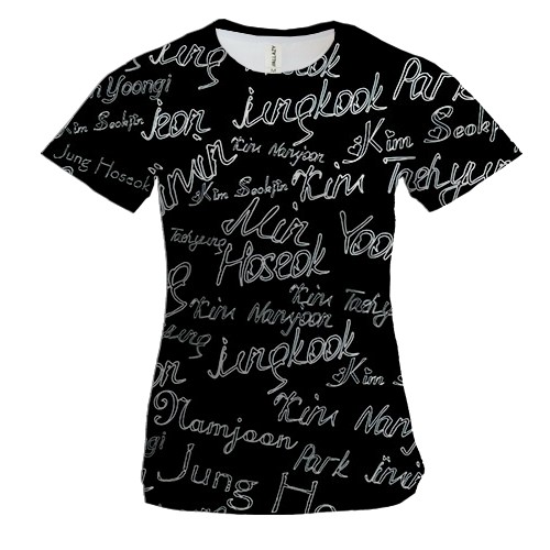 Жіноча 3D футболка BTS імена (вид спереду)