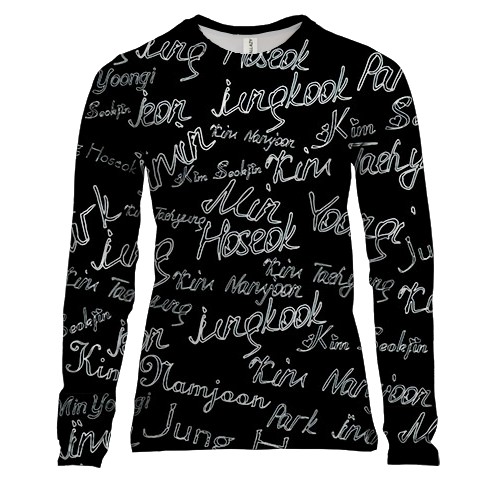 Женский 3D лонгслив BTS имена (вид спереди)