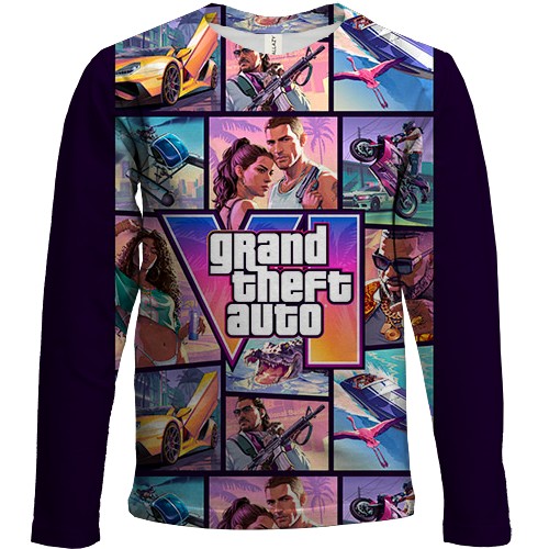 Дитячий 3D лонгслів GTA VI - постер та герої (вид спереду)