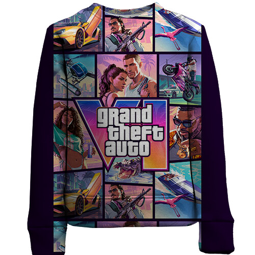 Детский 3D свитшот GTA VI - постер и герои (вид спереди)