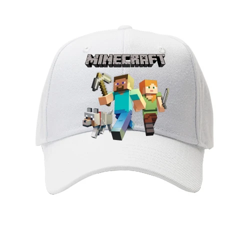 Детская Кепка, Белый, со Стивом, Алекс и волком из Minecraft