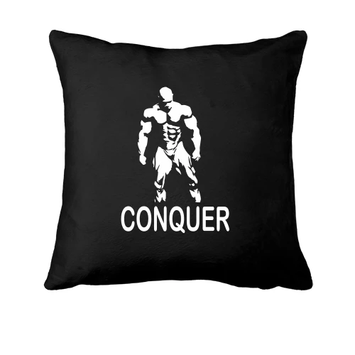 Подушка, Черный, с бодибилдером и надписью «Conquer»