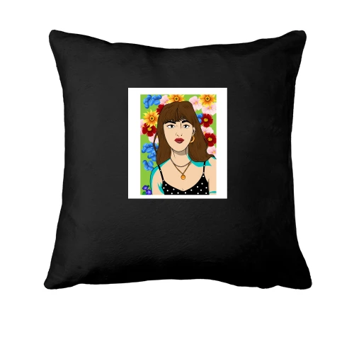 Подушка, Черный, Brown-haired woman in flowers