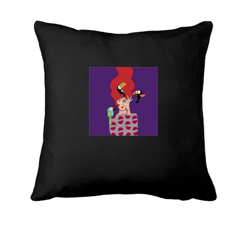 Подушка, Черный, Redhead girl with birds