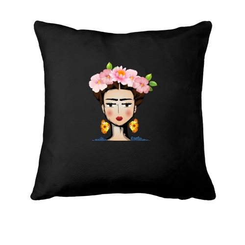 Подушка, Черный, Girl with pink flowers