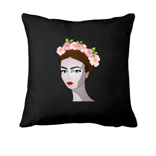 Подушка, Черный, Girl with pink flowers 1