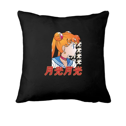 Подушка, Черный, Anime girl with hieroglyphs
