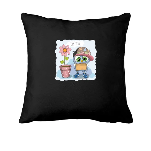 Подушка, Чорний, Baby owl with a flower