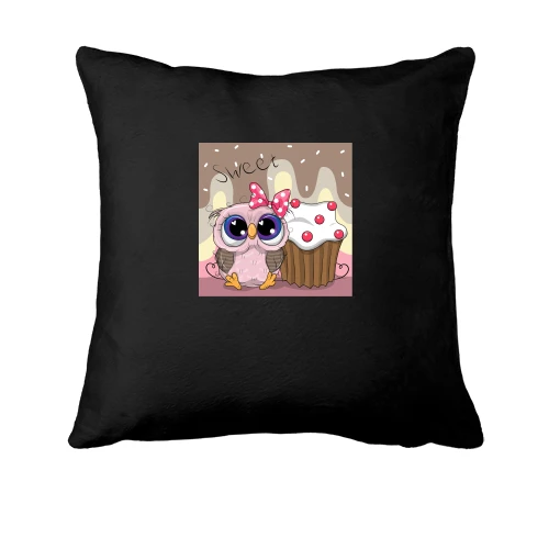 Подушка, Черный, Baby owl with cupcake
