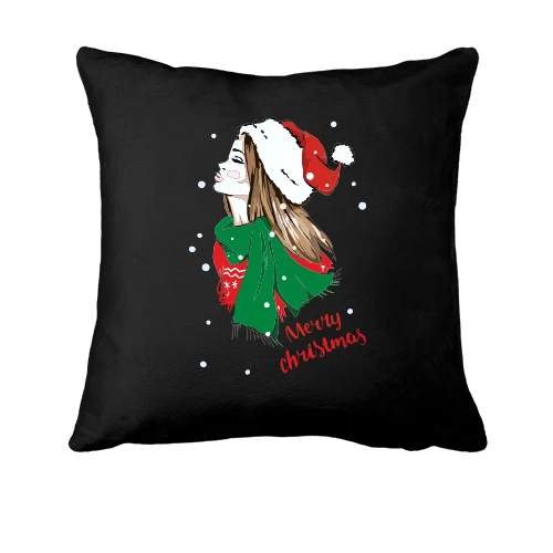 Подушка, Черный, с девушкой Merry Christmas