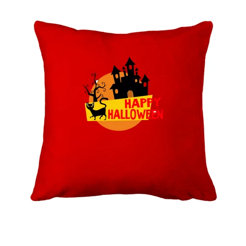 Подушка с чёрным котом и замком "Happy Halloween"