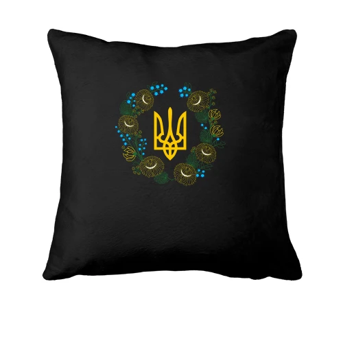 Подушка, Чорний, герб України у квітковому вінку