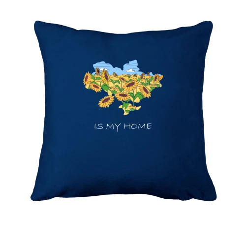 Подушка, Синий, с контуром Украины в подсолнухах "is my home"