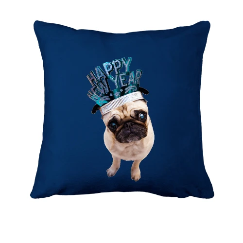 Подушка, Синий, с мопсом Happy New Year