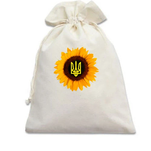 Подарочный мешочек, Белый, Подсолнух с гербом Украины