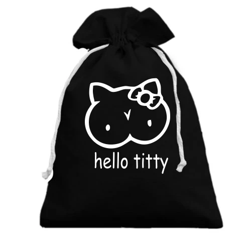 Подарочный мешочек, Черный, с надписью "Hello Titty" в стиле Hello Kitty