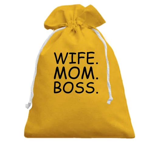 Подарочный мешочек, желтый, с надписью "Wife. Mom. Boss."
