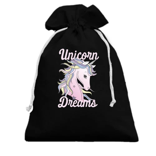 Подарочный мешочек с единорогом и надписью "Unicorn Dreams"