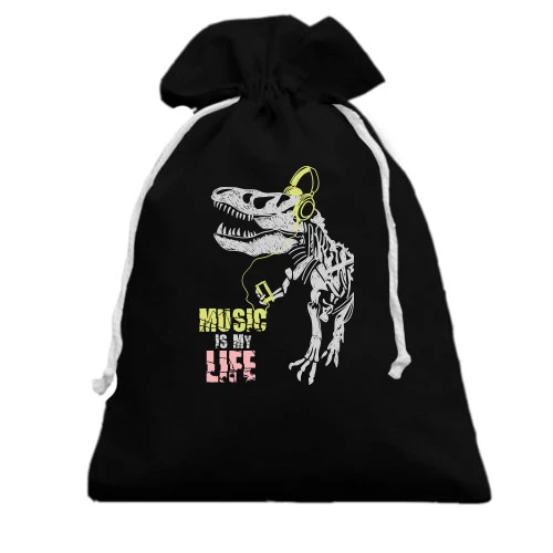 Подарочный мешочек, Черный, Music is my life Динозавр