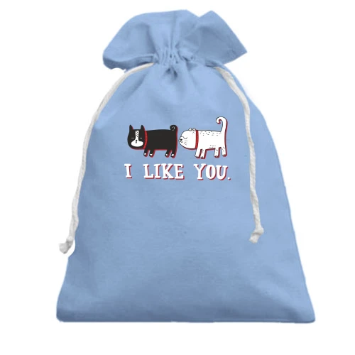 Подарочный мешочек с котами и надписью "i like you"