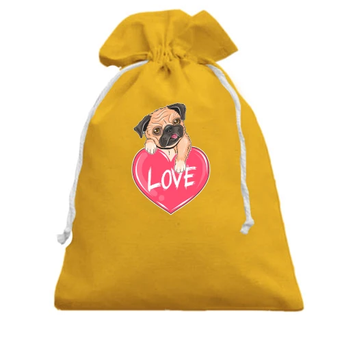 Подарунковий мішечок, жовтий, з мопсом (Love)