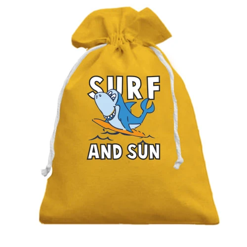 Подарочный мешочек, Желтый, с акулой серфингистом и надписью "Surf and sun"