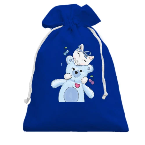 Подарунковий мішечок, Блакитний, Cat with Teddy Bear