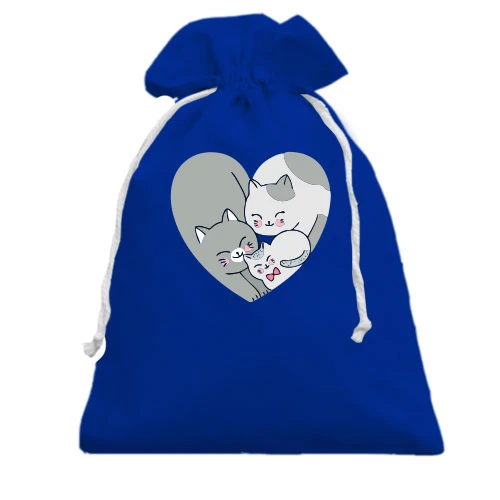 Подарочный мешочек, Голубой, Cat Family in Heart