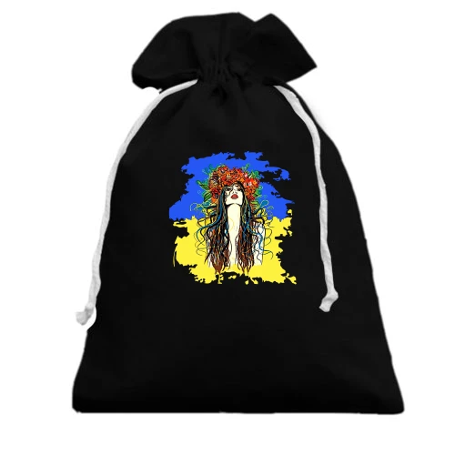 Подарочный мешочек, Черный, Девушка на фоне флага Украины.