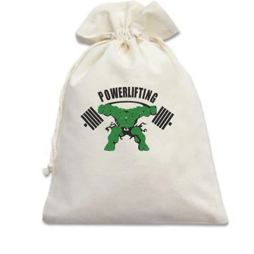 Подарочный мешочек, Белый, с зеленым атлетом и надписью «Powerlifting»