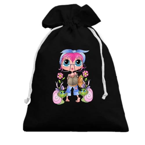 Подарунковий мішечок, Чорний, Girl with pink hair