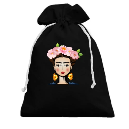Подарочный мешочек, Черный, Girl with pink flowers