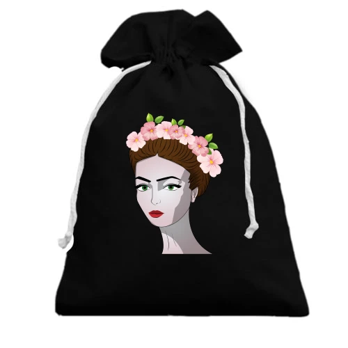 Подарочный мешочек, Черный, Girl with pink flowers 1